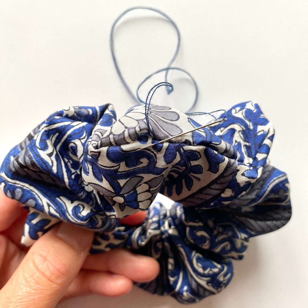 Blue floral print silk scrunchies