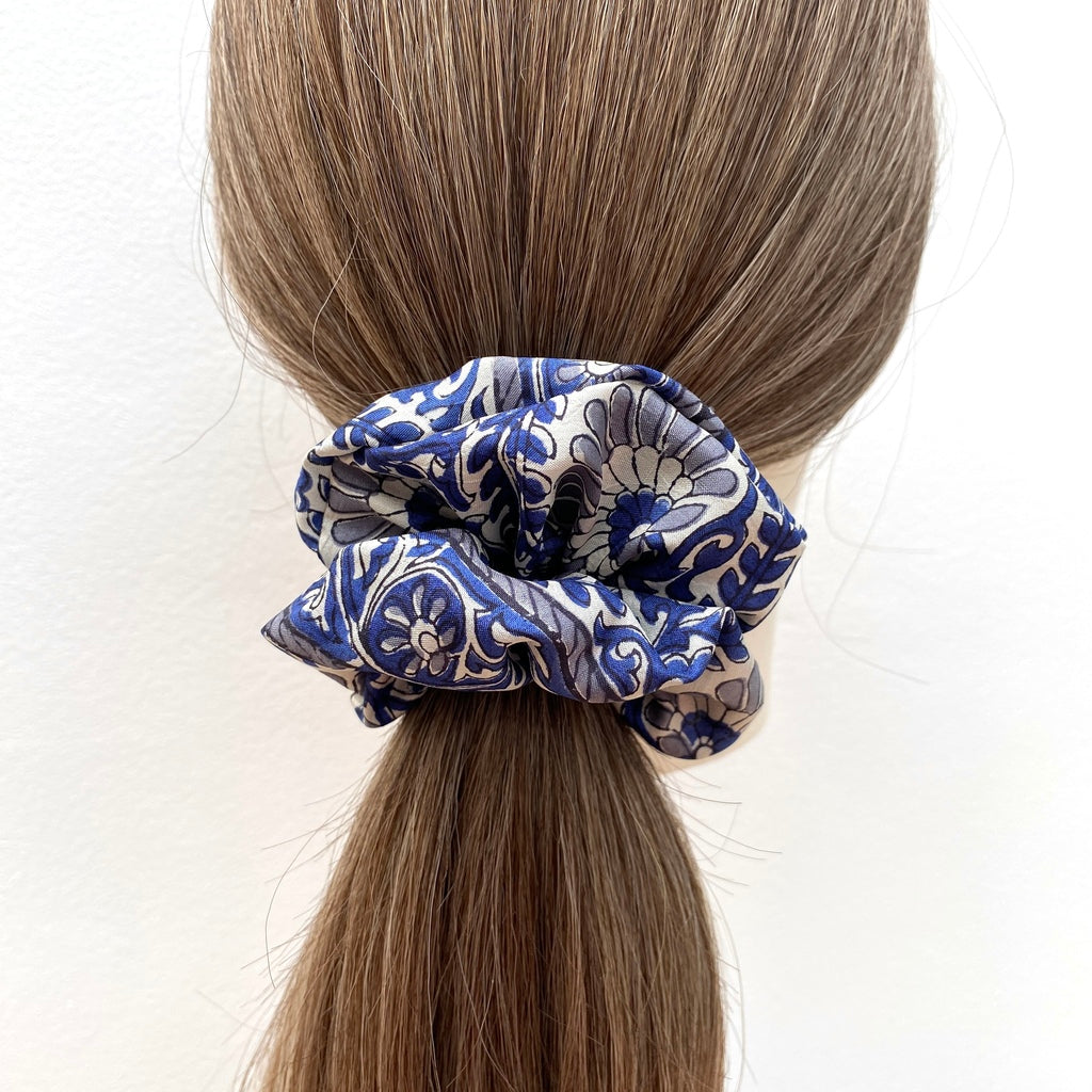 Blue floral print silk scrunchies