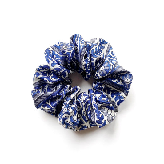 Blue floral print silk scrunchies