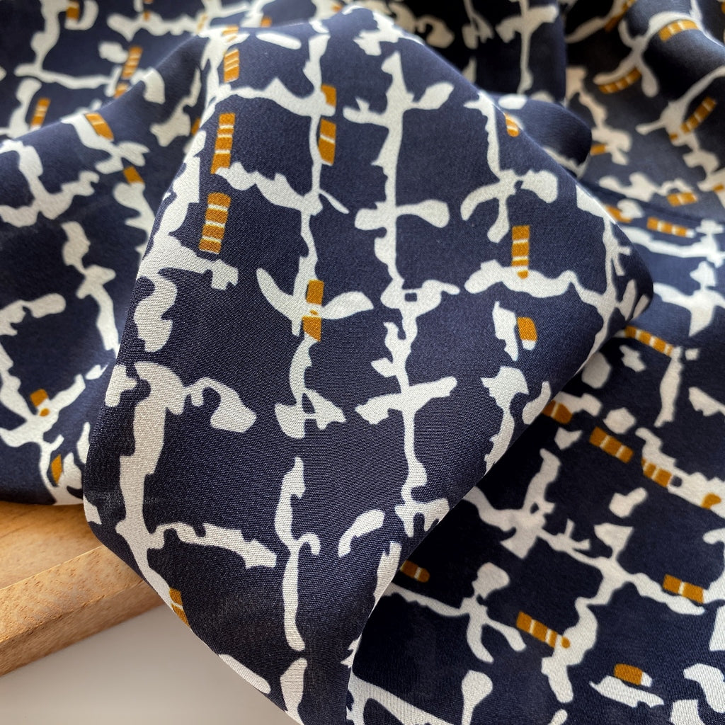 Navy blue geometric print silk scarf