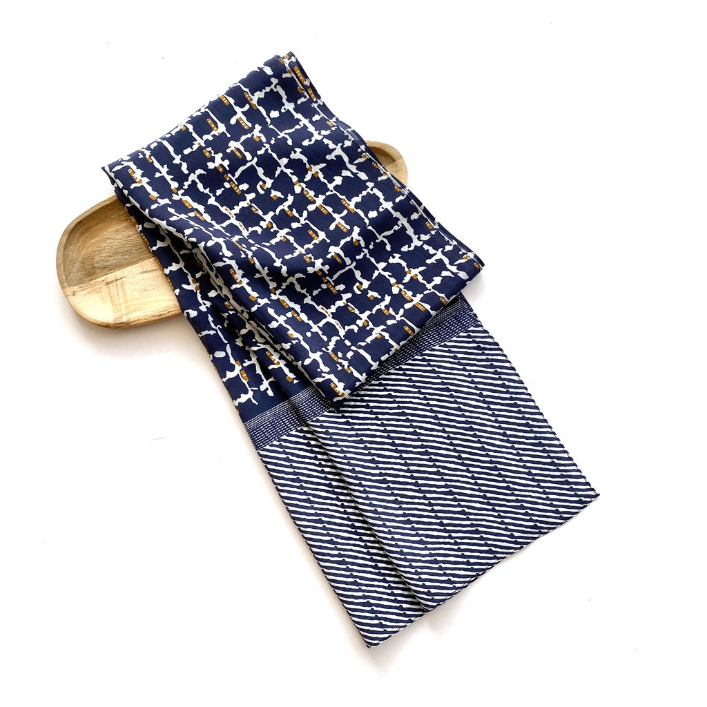 Navy blue geometric print silk scarf