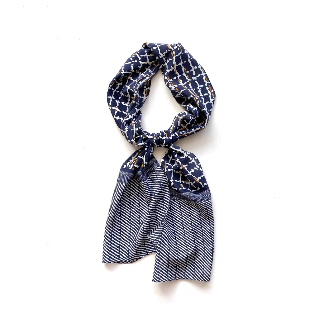 Navy blue geometric print silk scarf