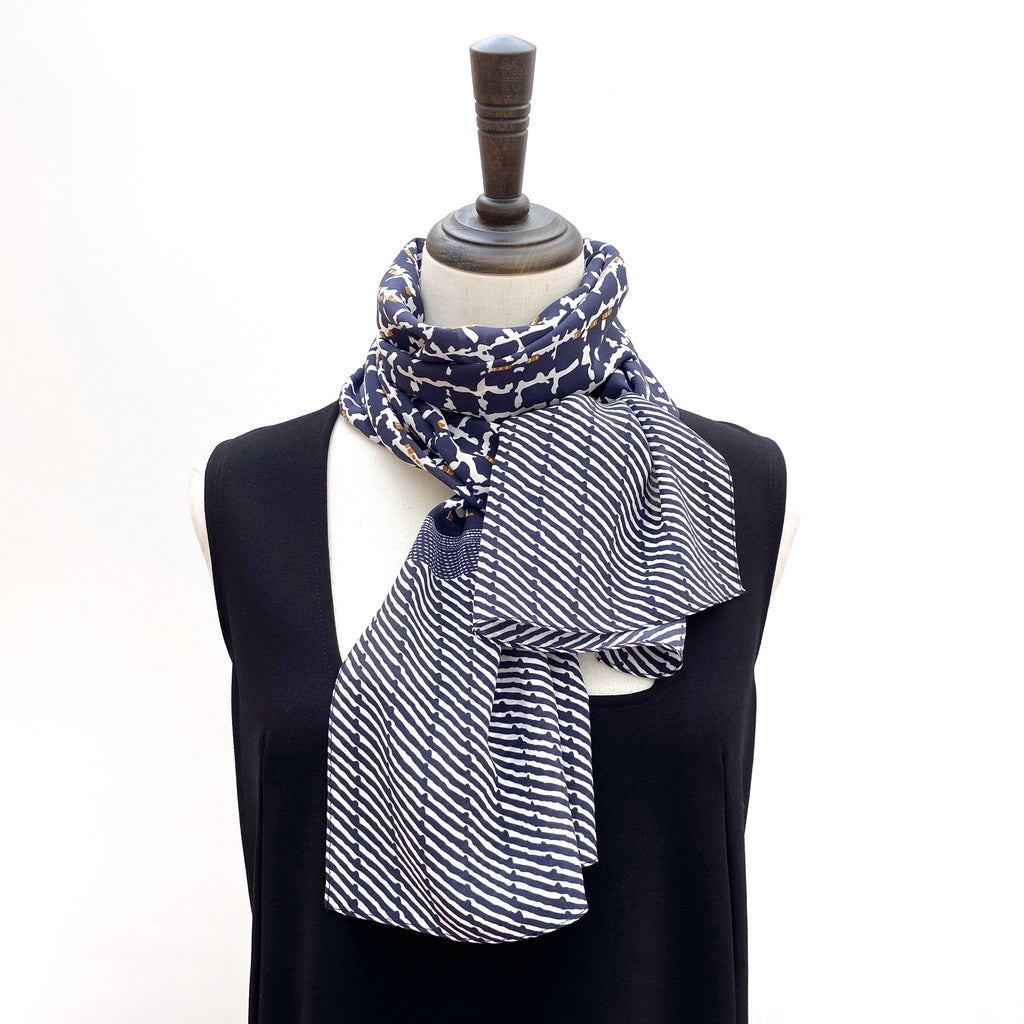 Navy blue geometric print silk scarf