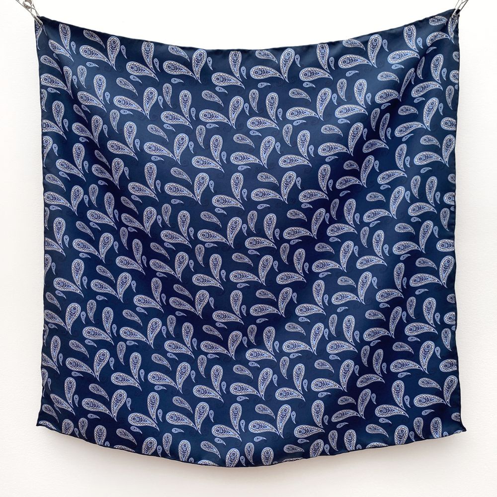 Blue paisley silk twill bandana scarf 65x65