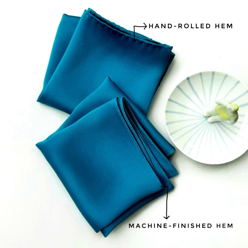 Kingfisher Blue silk scarf showing hand-rolled and machine-finished hems