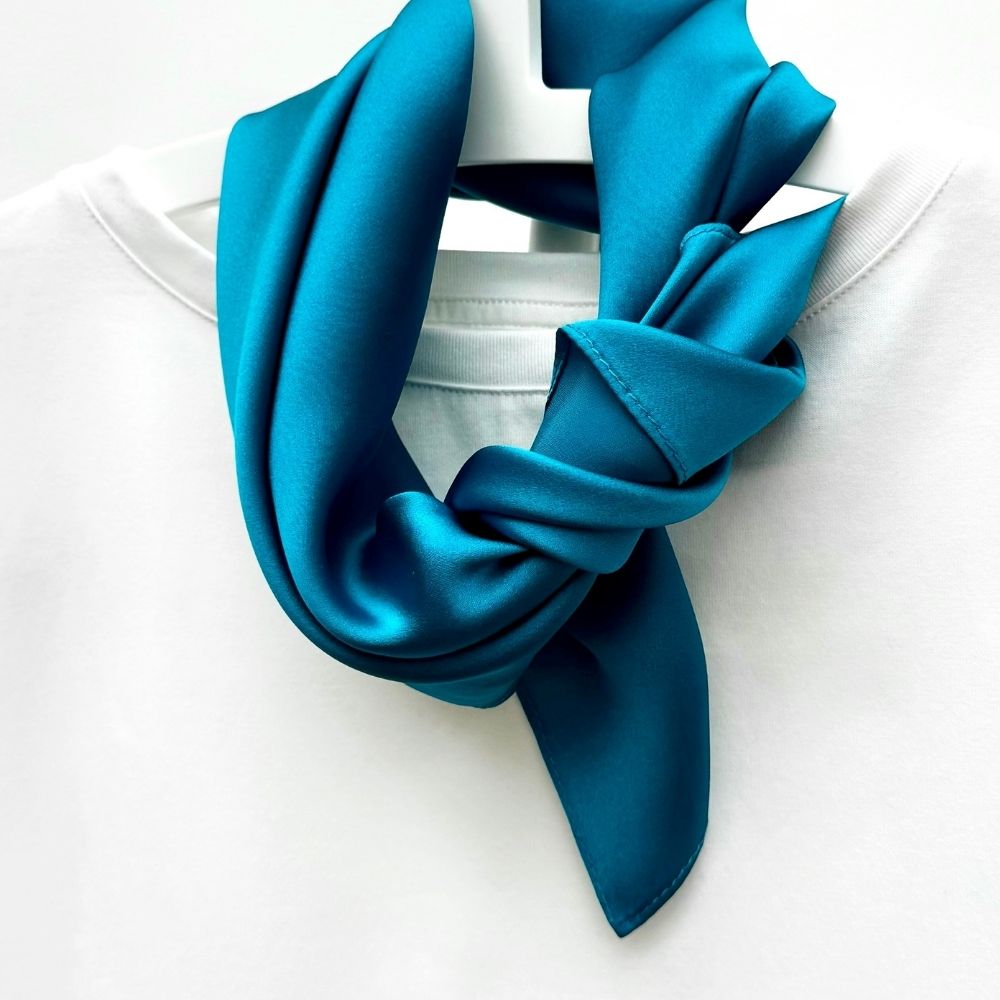 Kingfisher Blue Mulberry silk satin neck scarf styled on white top