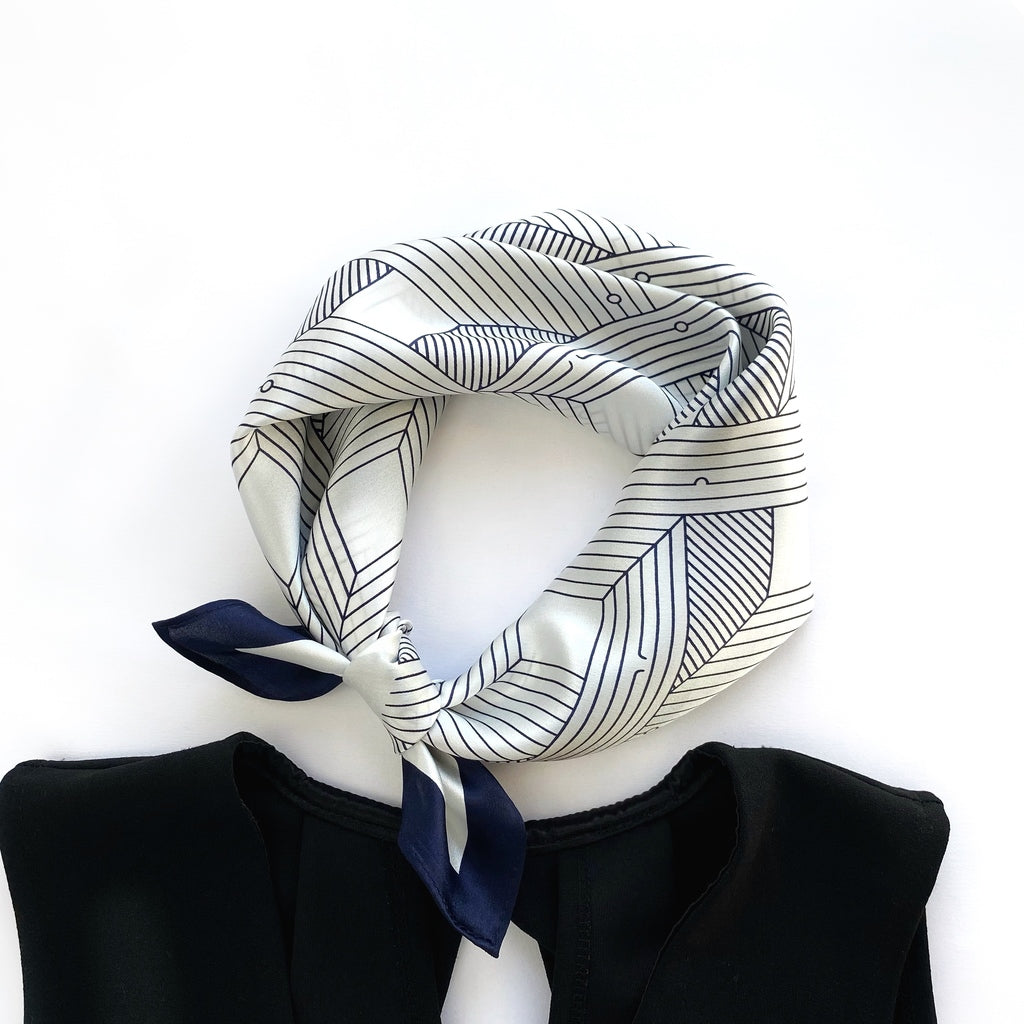 Minimalist abstract line silk scarf - Blue White