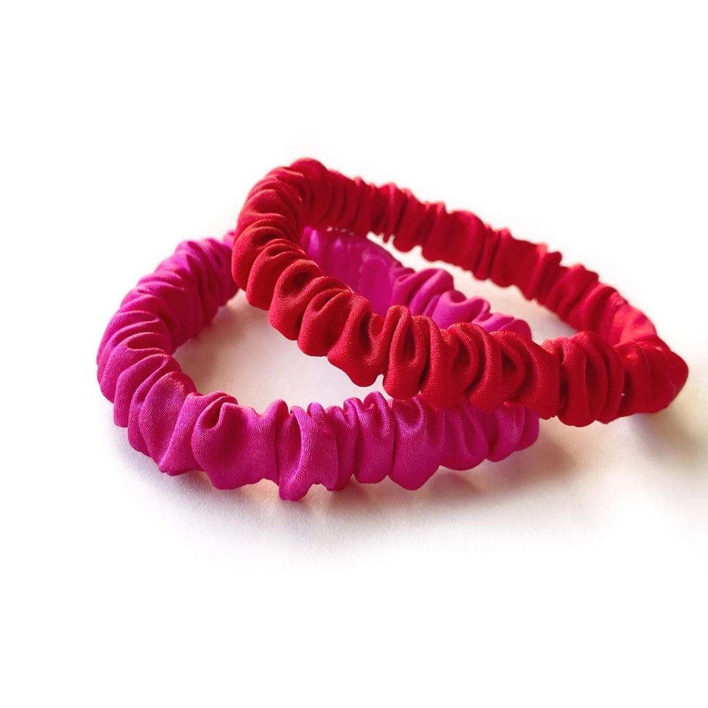 bold red and hot pink mulberry silk skinny scrunchies and hair ties