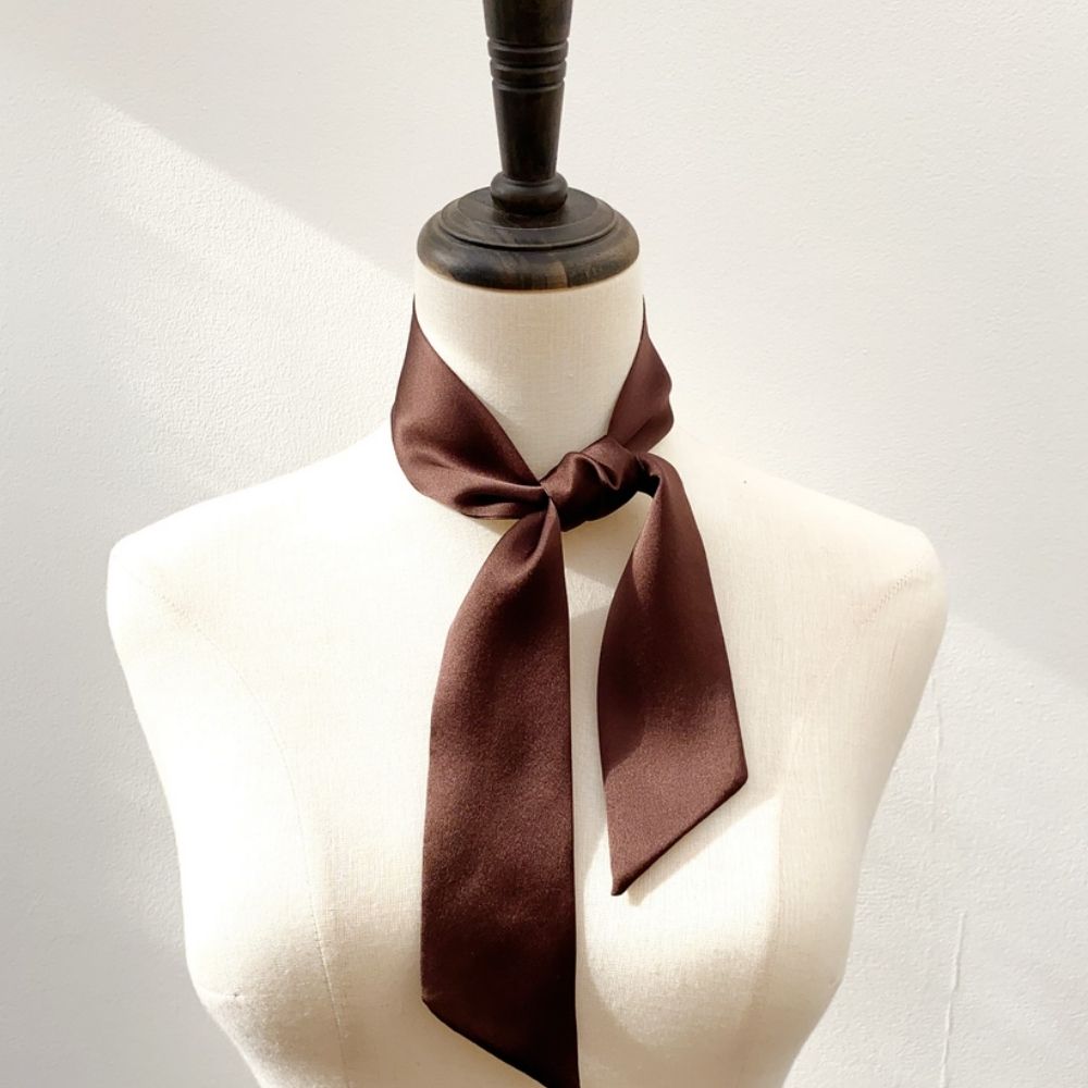 A long chocolate brown mulberry silk satin skinny scarf tied around the mannequin's neck