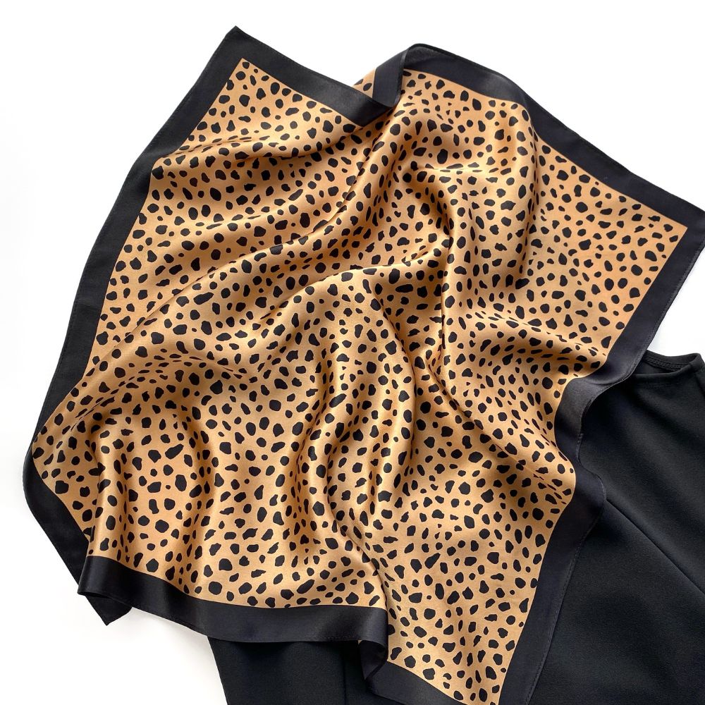 Black & Brown Leopard Print Mulberry Silk Square Scarf - 53x53cm