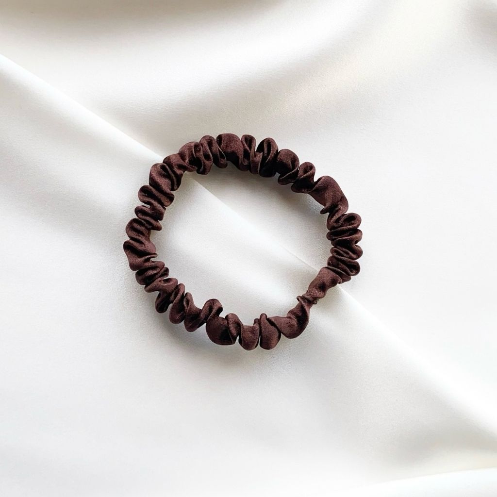 chocolate brown mulberry silk satin skinny scrunchie  hair tie