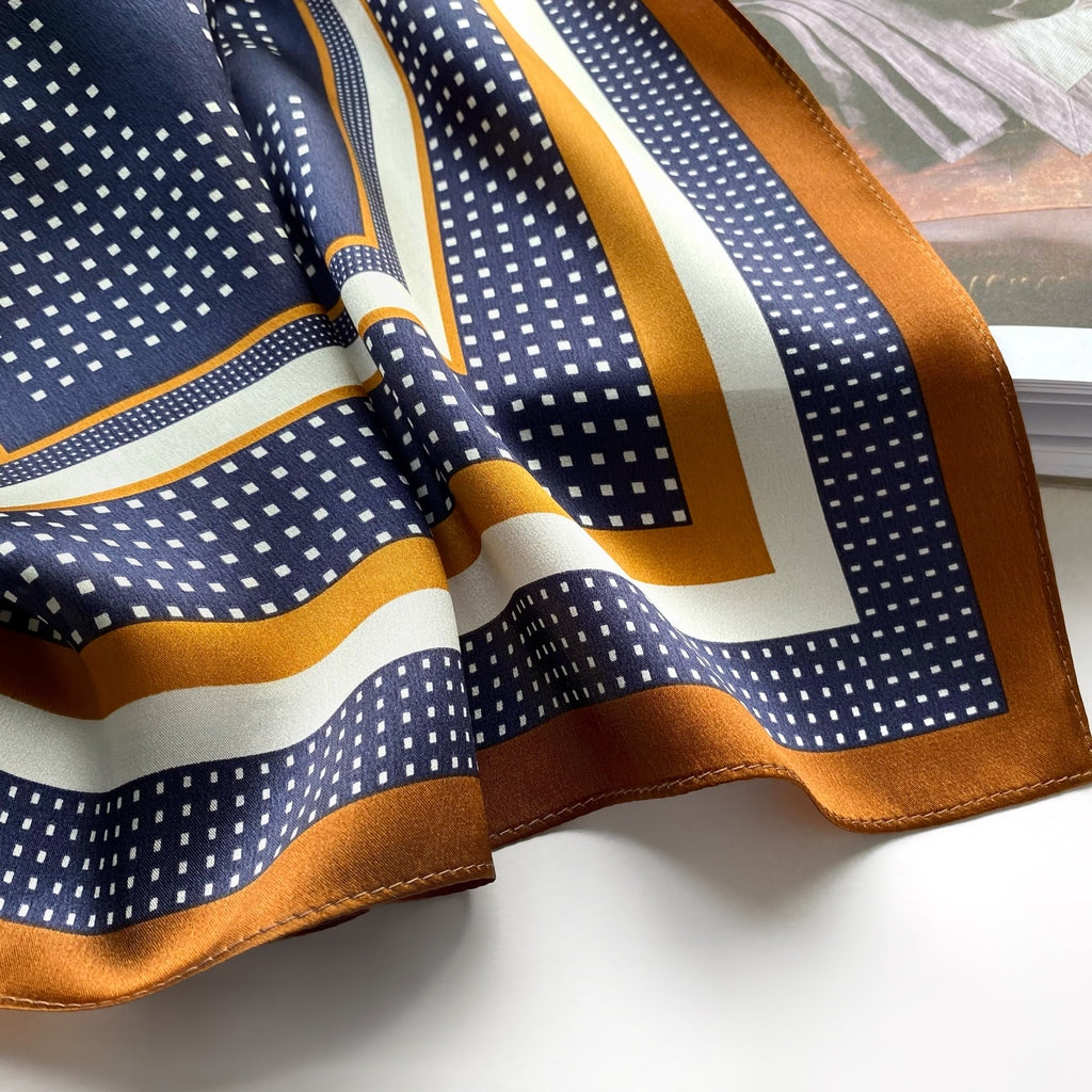 Navy brown geometric pattern silk scarf