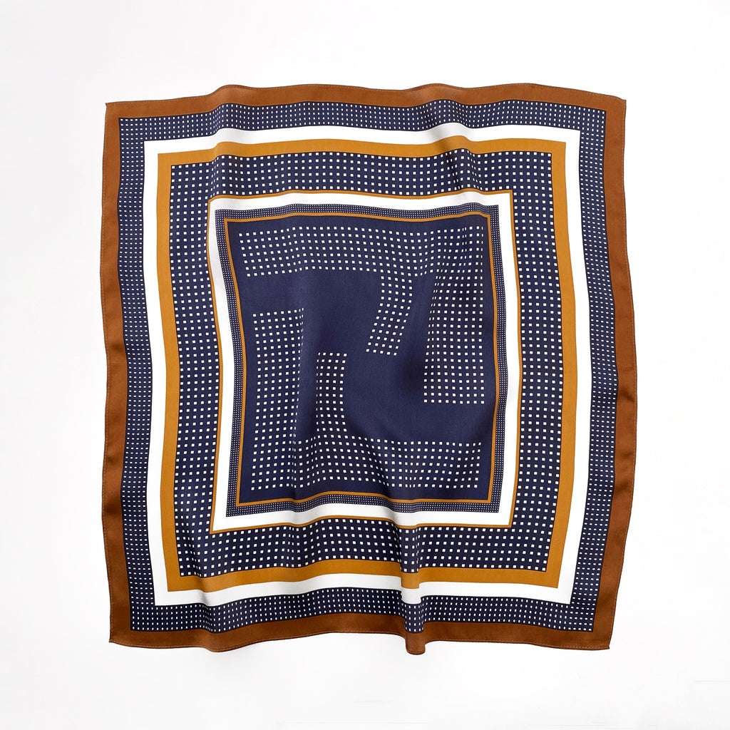 Navy brown geometric pattern silk scarf