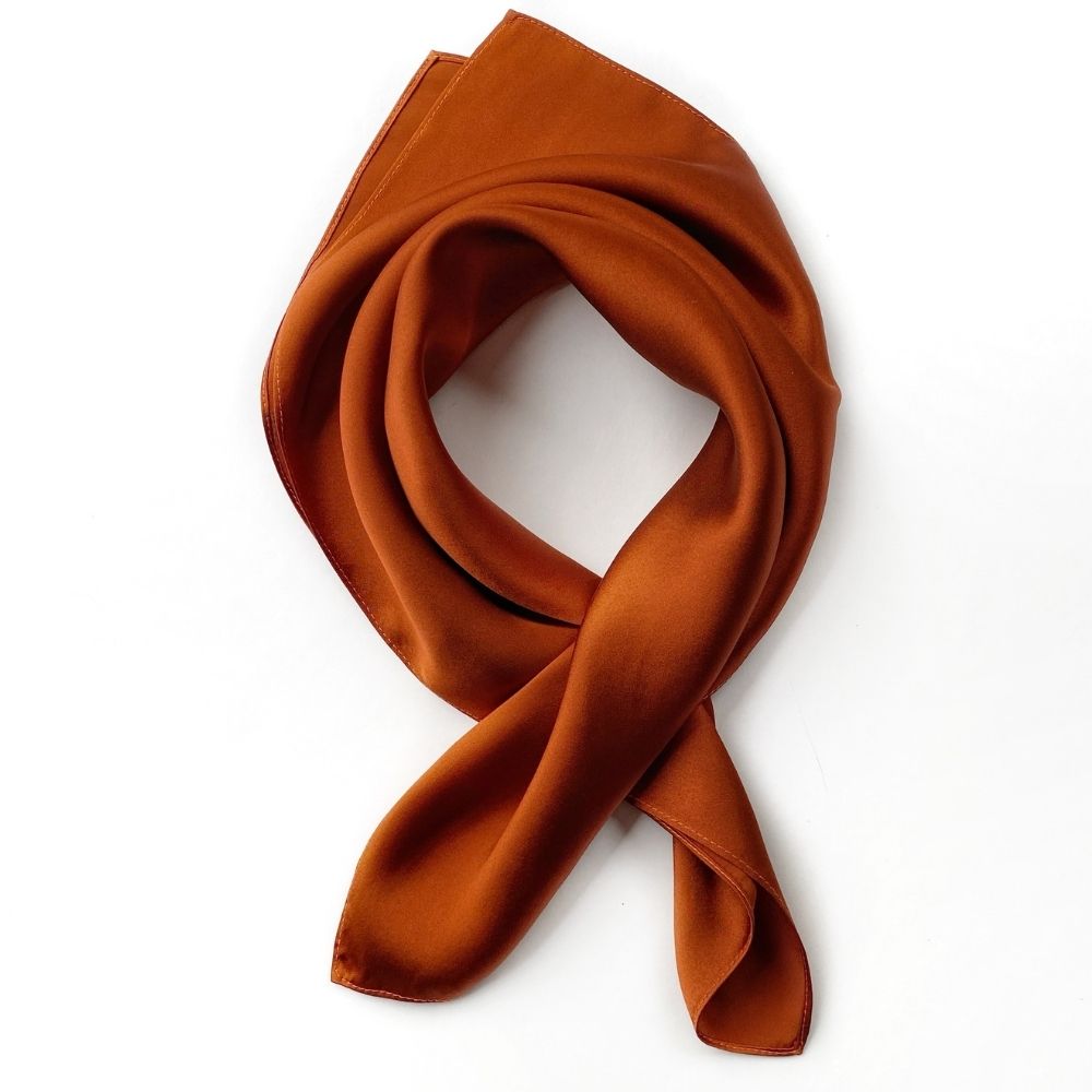 52 cm burnt orange Mulberry silk satin square scarf folded in a loop