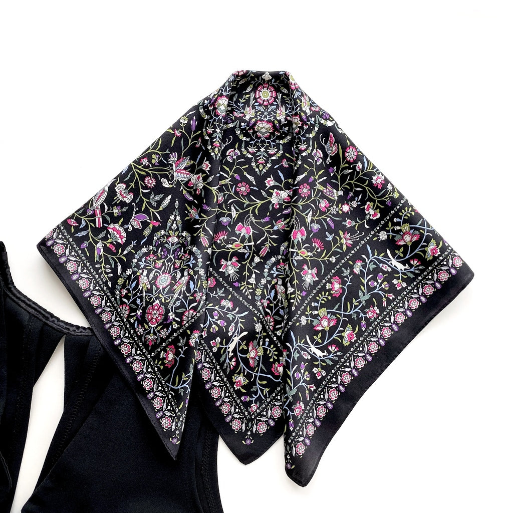 Butterflies and floral print silk scarf - Black