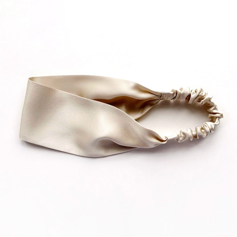 Handmade champagne beige mulberry silk headband by River Minami.