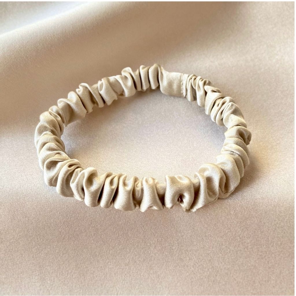 champagne beige mulberry silk satin skinny scrunchie  hair tie