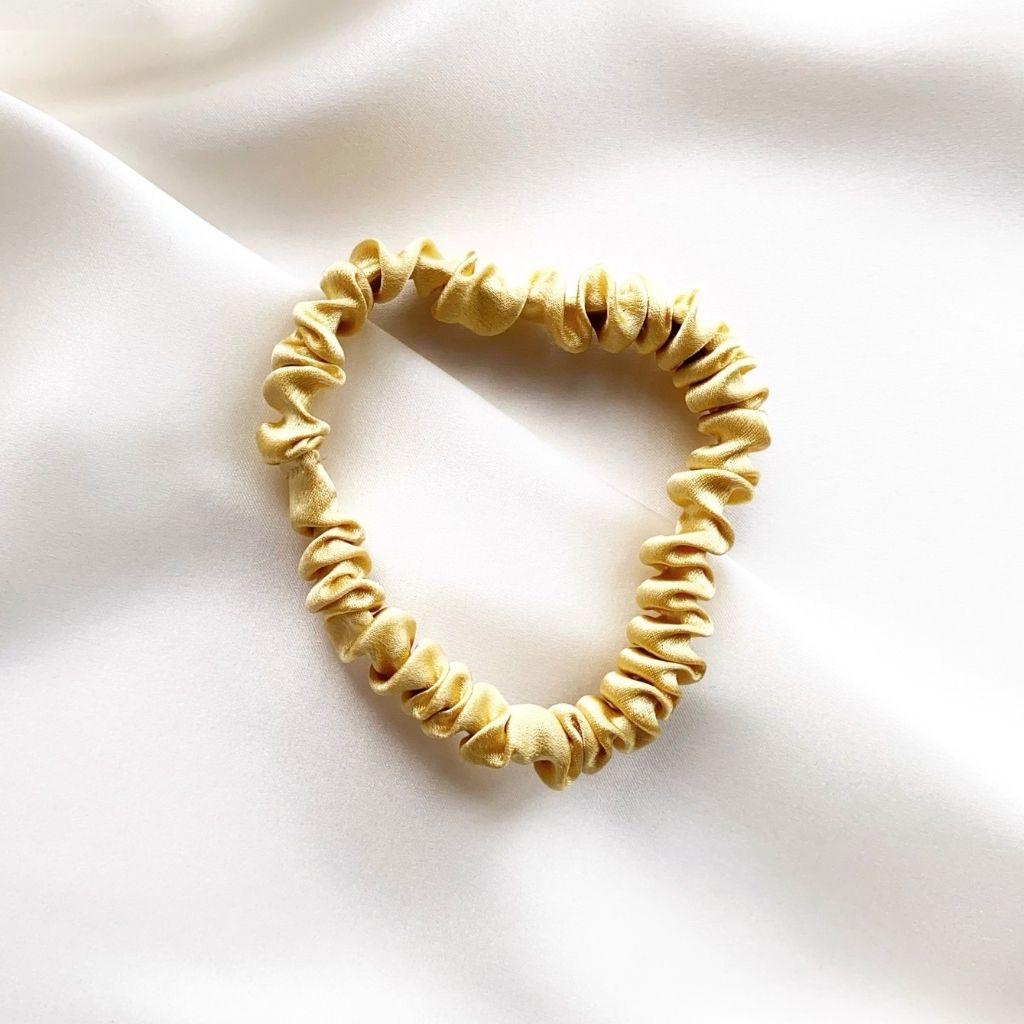 champagne yellow mulberry silk satin skinny scrunchie  hair tie