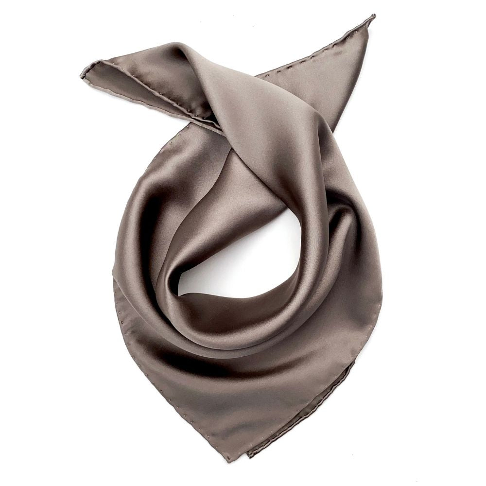 52 cm dark taupe Mulberry silk satin square scarf folded in a soft loop