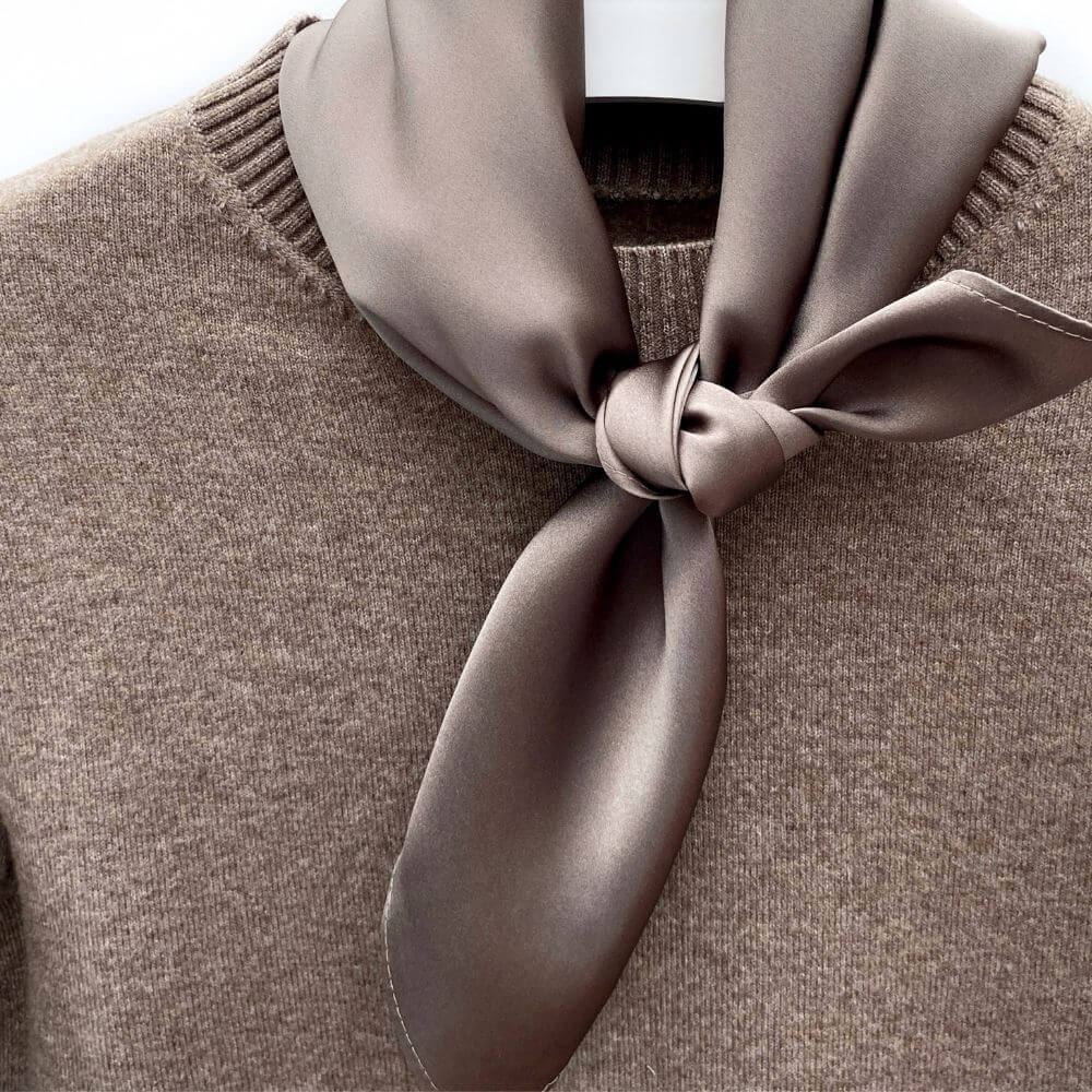 Dark Taupe Mulberry silk satin neck scarf styled with knit sweater