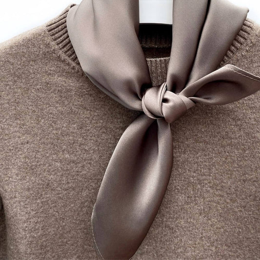 Dark Taupe Mulberry silk satin neck scarf styled with knit sweater