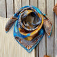 yellow and blue colourful double-sided mulberry silk bandana scarf on a table