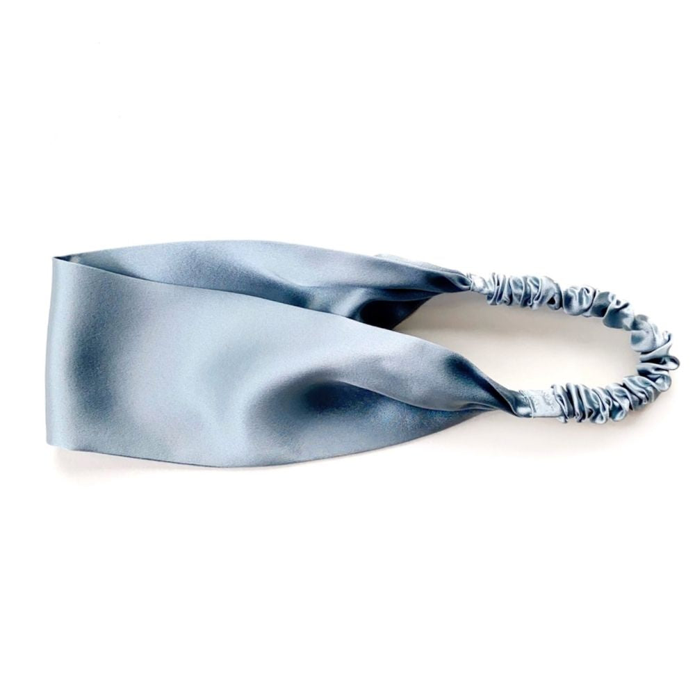 Handmade dusty blue mulberry silk headband by River Minami.