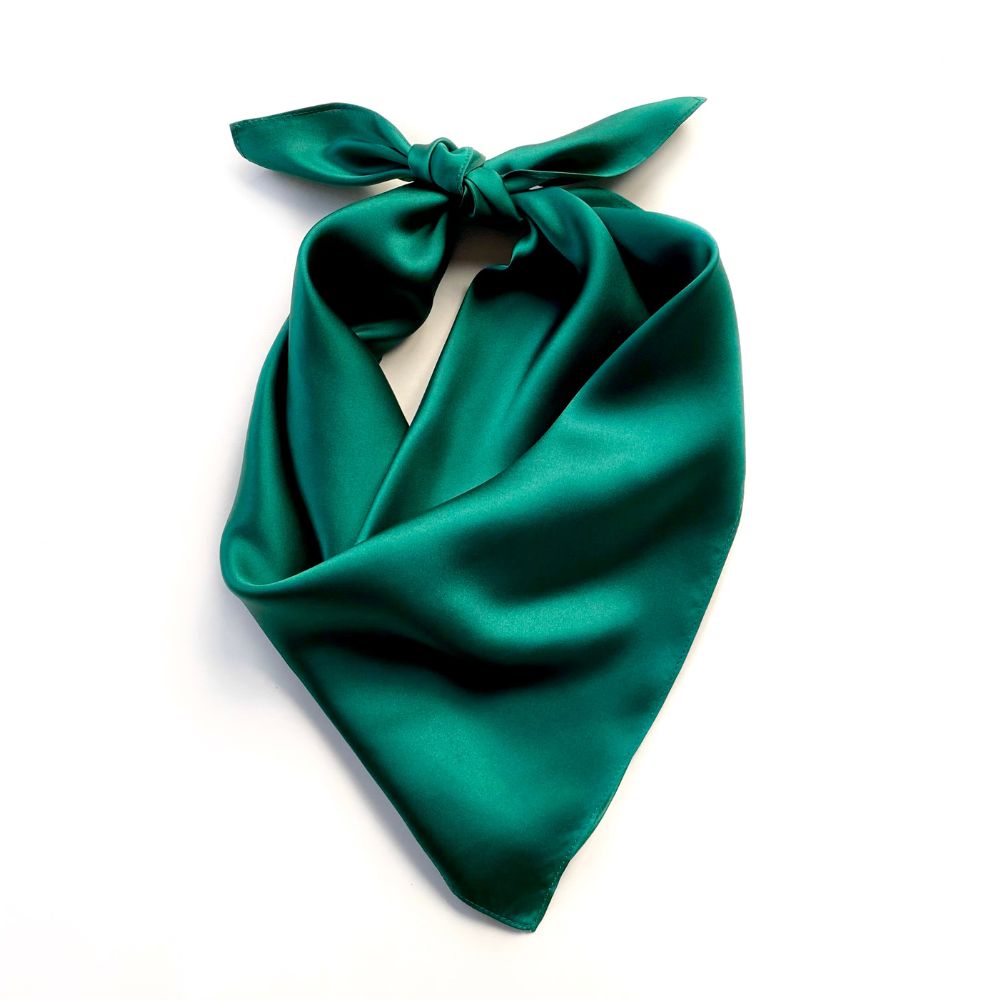 a solid emerald green mulberry silk square bandana scarf on white background
