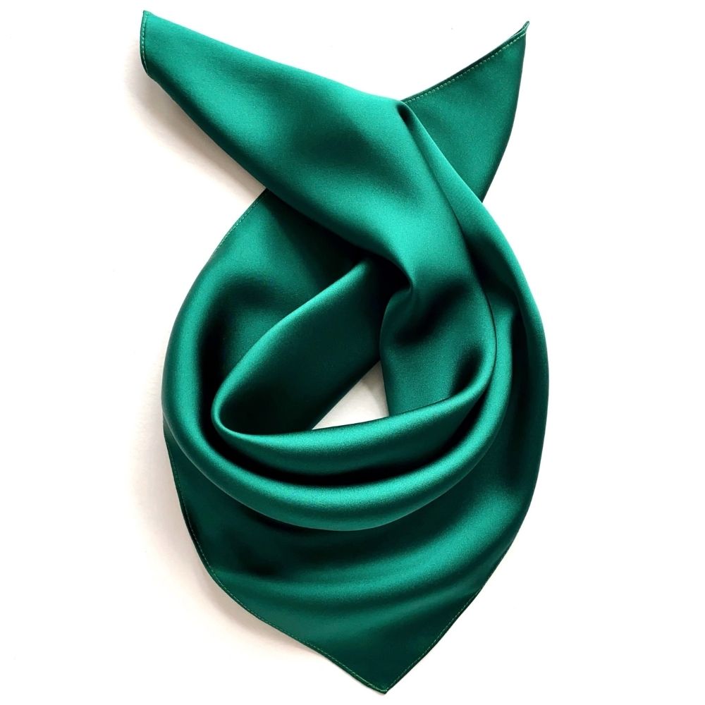 Emerald green silk satin 52cm square scarf arranged in a looped knot