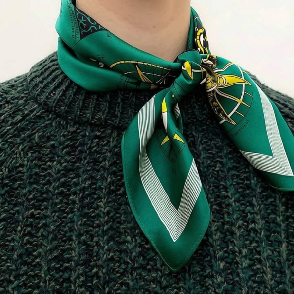 Person wearing an emerald green mulberry silk square scarf with a compass print tied around their neck.
