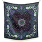 Mulberry silk square scarf with green and purple paisley patterns on a black background