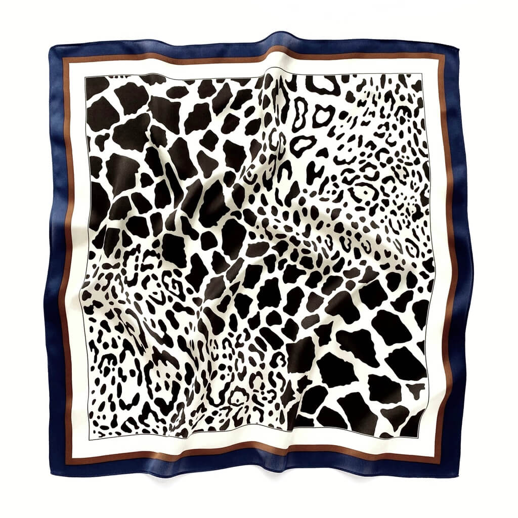 mulberry silk square scarf with black leopard print pattern on a ivory background, framed with blue and brown boarder.