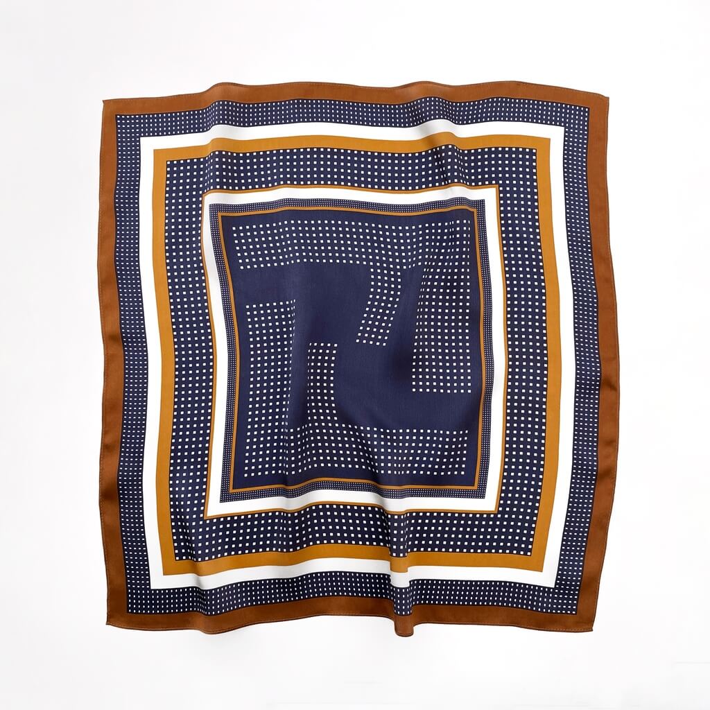 Navy blue and brown geometric print mulberry silk square scarf on a white background