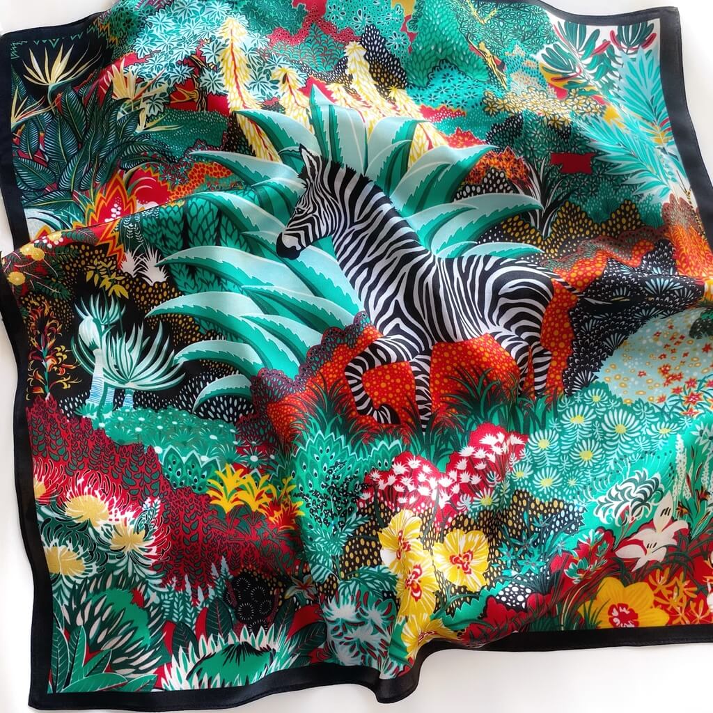 bold Colourful mulberry silk square bandana scarf with zebra and floral pattern on a white background