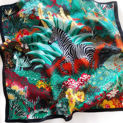 bold Colourful mulberry silk square bandana scarf with zebra and floral pattern on a white background