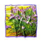 Mulberry silk square scarf with a floral design featuring purple iris flowers and green leaves on a yellow background.