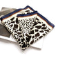 folded black leopard print on ivory background mulberry silk square scarf with blue and brown borders on a white background