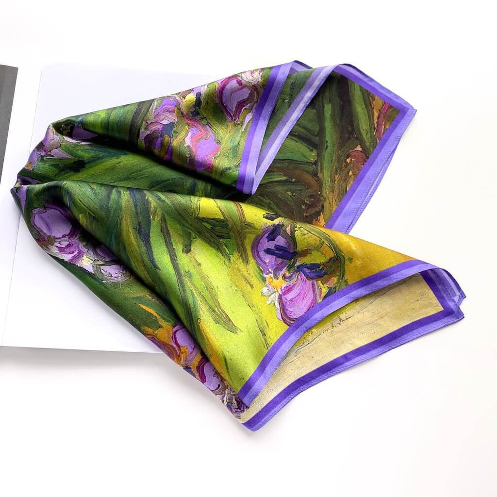 green purple and yellow mulberry silk square scarf with floral design on a white background