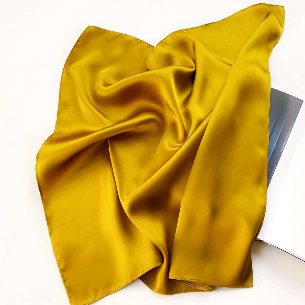 golden olive mulberry silk square scarf on a white background