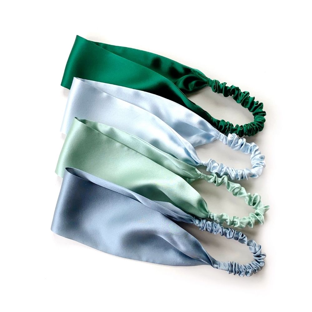 Handmade green blue mulberry silk headbands by River Minami.