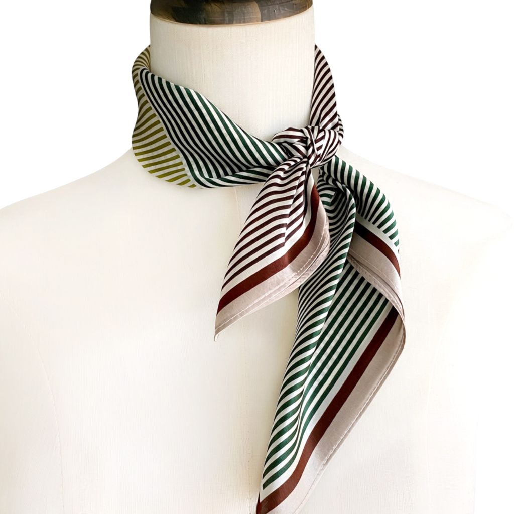 green stripes mulberry silk neckerchief with brown and beige border