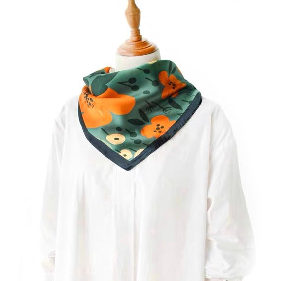 Green orange floral print silk scarf