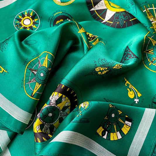 Emerald Green Compass Print Mulberry Silk Scarf - 53x53cm