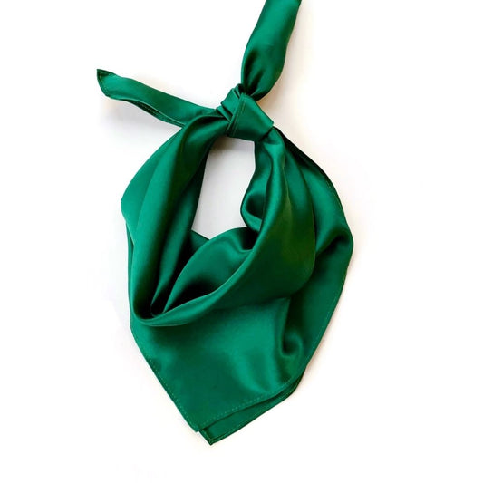 Jade Green Mulberry silk satin square scarf tied in a simple neck knot
