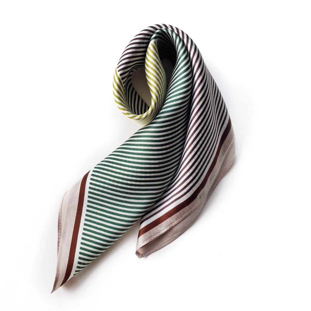 wrapped green stripes mulberry silk square scarf with beige brown border on white background