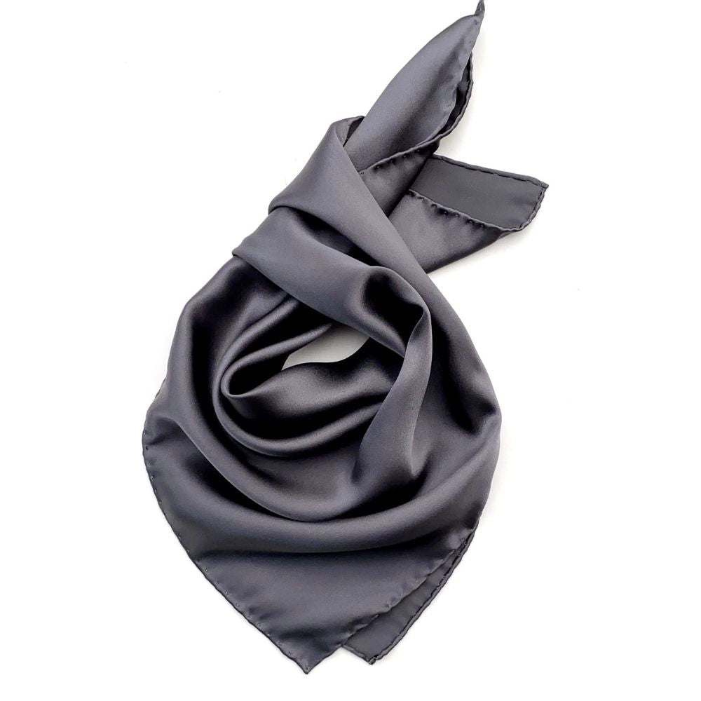 Slate grey silk satin scarf displayed on a white background showing its drape and sheen.