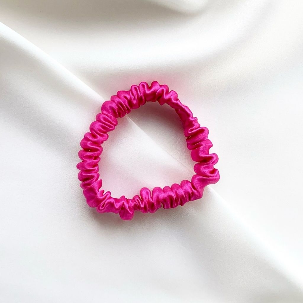 hot pink mulberry silk satin skinny scrunchie  hair tie