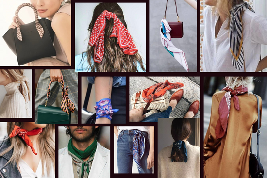 collage showing the multiple ways of wearing a silk scarf