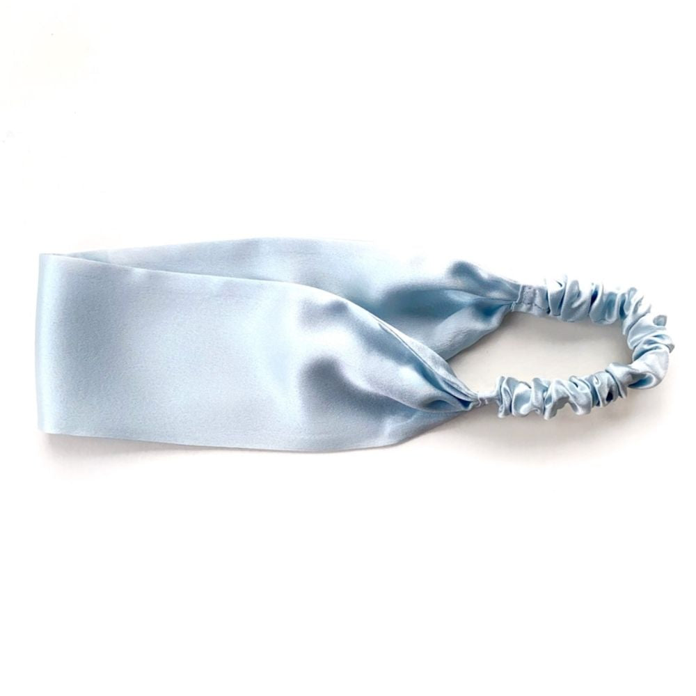 Handmade light blue mulberry silk headband by River Minami.