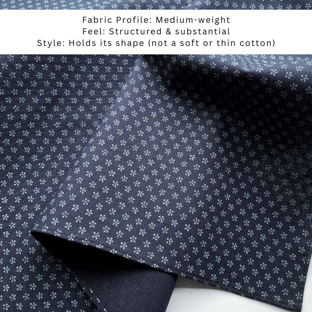 close up of the Navy blue bandana  with small white floral pattern on a white background